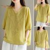 Women Summer Tops V-neck Half Sleeve Embroidery Pattern Pullover Tops Solid Color Loose Fit Commuting Style Tops