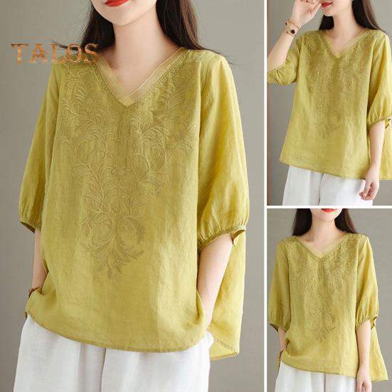 Women Summer Tops V-neck Half Sleeve Embroidery Pattern Pullover Tops Solid Color Loose Fit Commuting Style Tops
