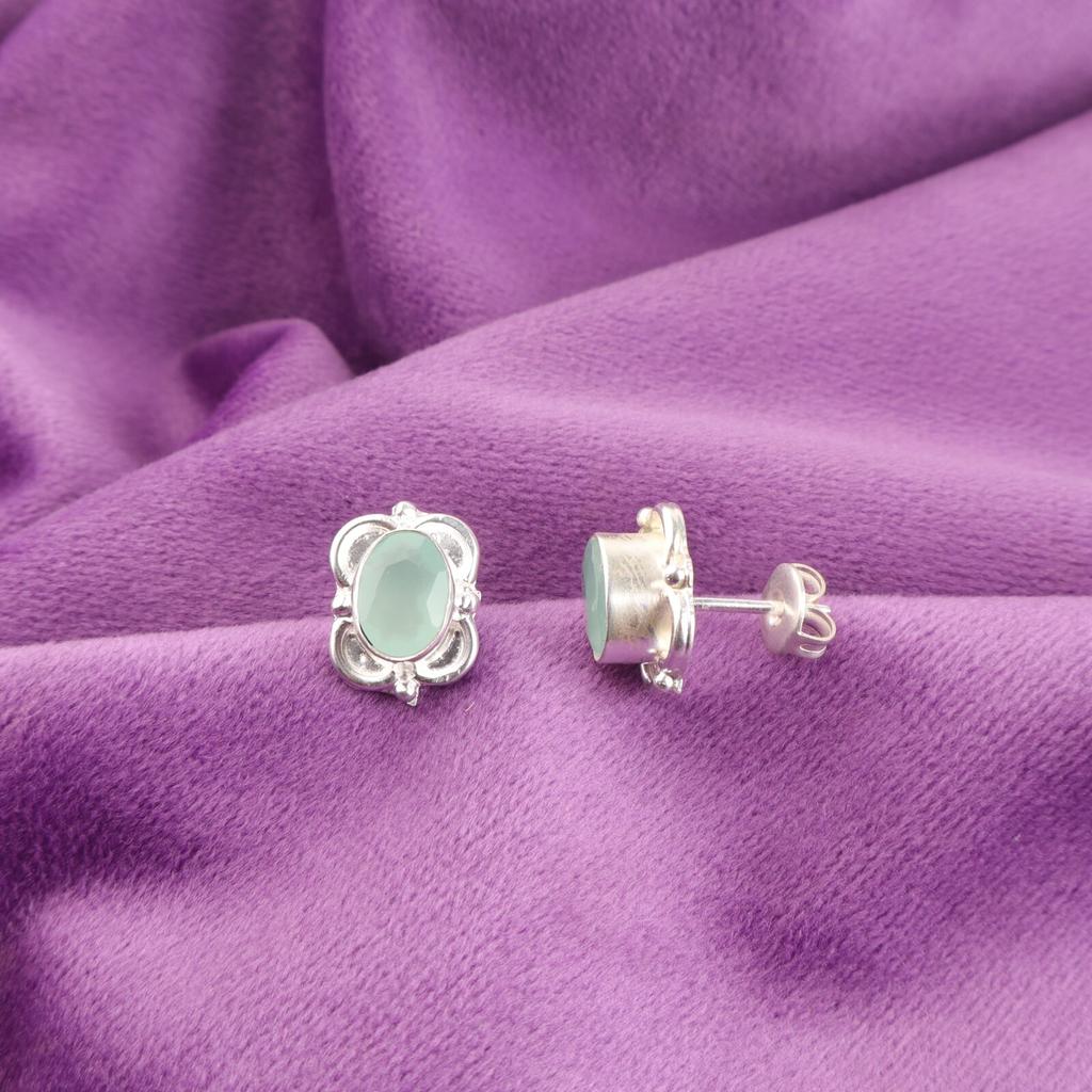 Oval Natural Aqua Chalcedony 925 Silver Stud Post Friend Gift Earrings Jewelry EE-149-5