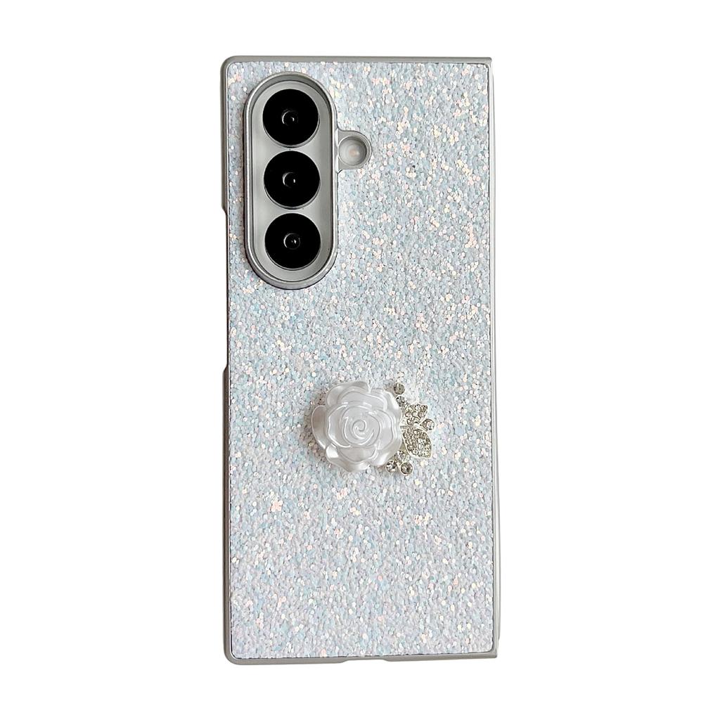Phantom Glitter Pink White Rose Mobile Phone Case Is Suitable for Samsung Z FOLD7/6/5th Generation Folding Protective Case, Luxury and Anti-drop.