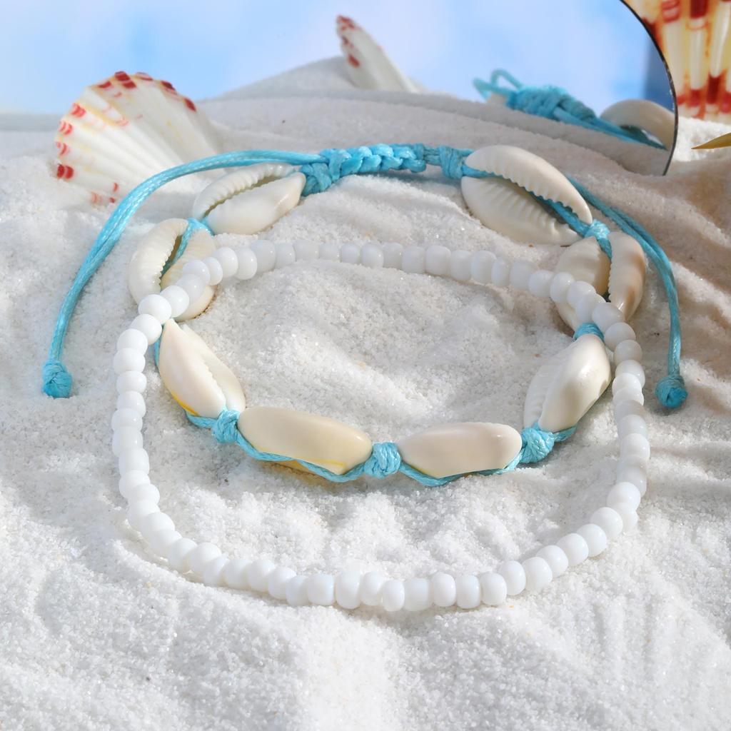 Fashion Two Pieces Boho Beach Shell Ankle Bracelet, Handmade Braided Adjustable String Seashell Anklets For Women Jewelry Summer
