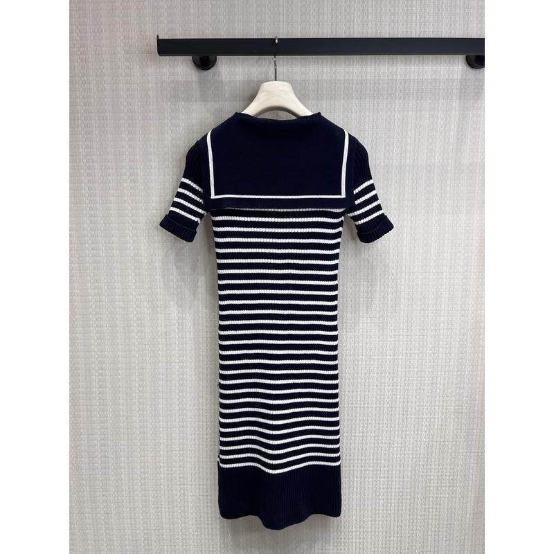 D new naval style bow striped dress women's short-sleeved knitted skirt fashionable versatile age-reducing dress