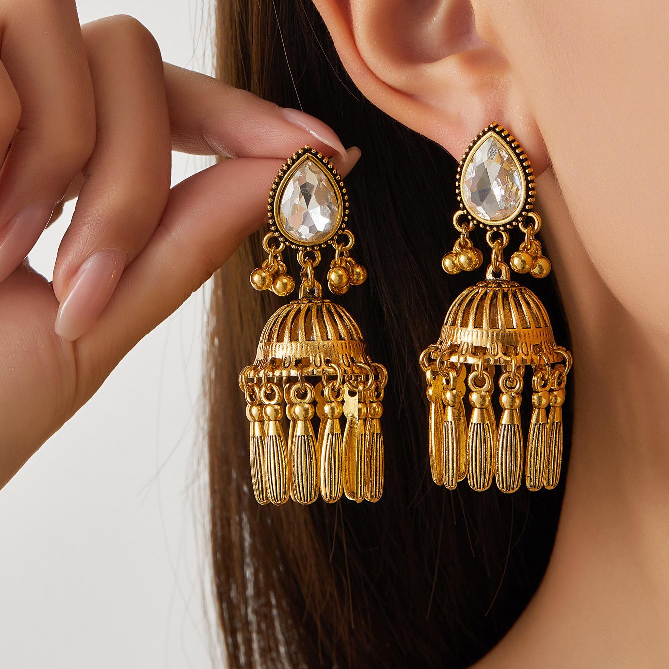 Винтажные ажурные ветряные колокольчики серьги с бахромой женские богемные этнические серьги-гвоздики с бриллиантами модные серьги-капли