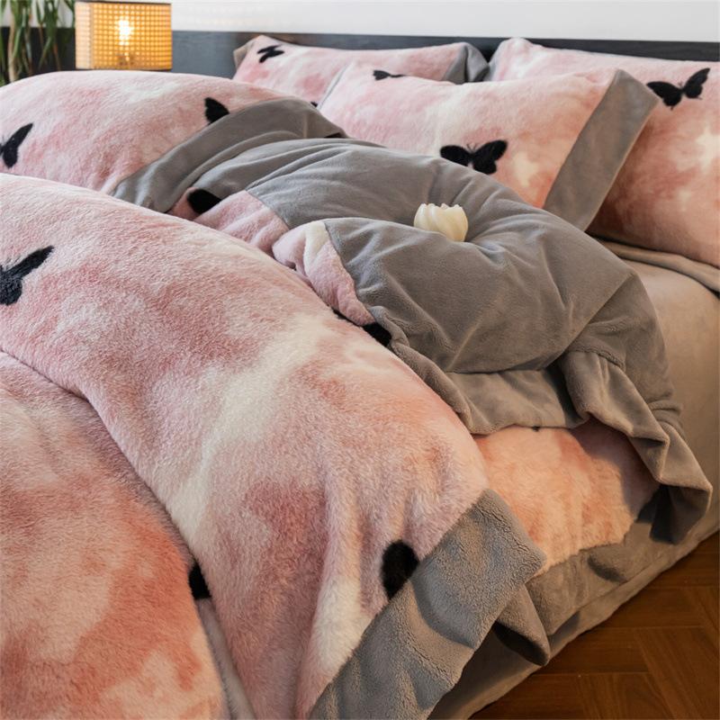 Thickened Rabbit Fleece Four-Piece Set, Warm Milk Fleece Bed Sheet Quilt Cover, Fleece Bedding, Coral Fleece Quilt Cover