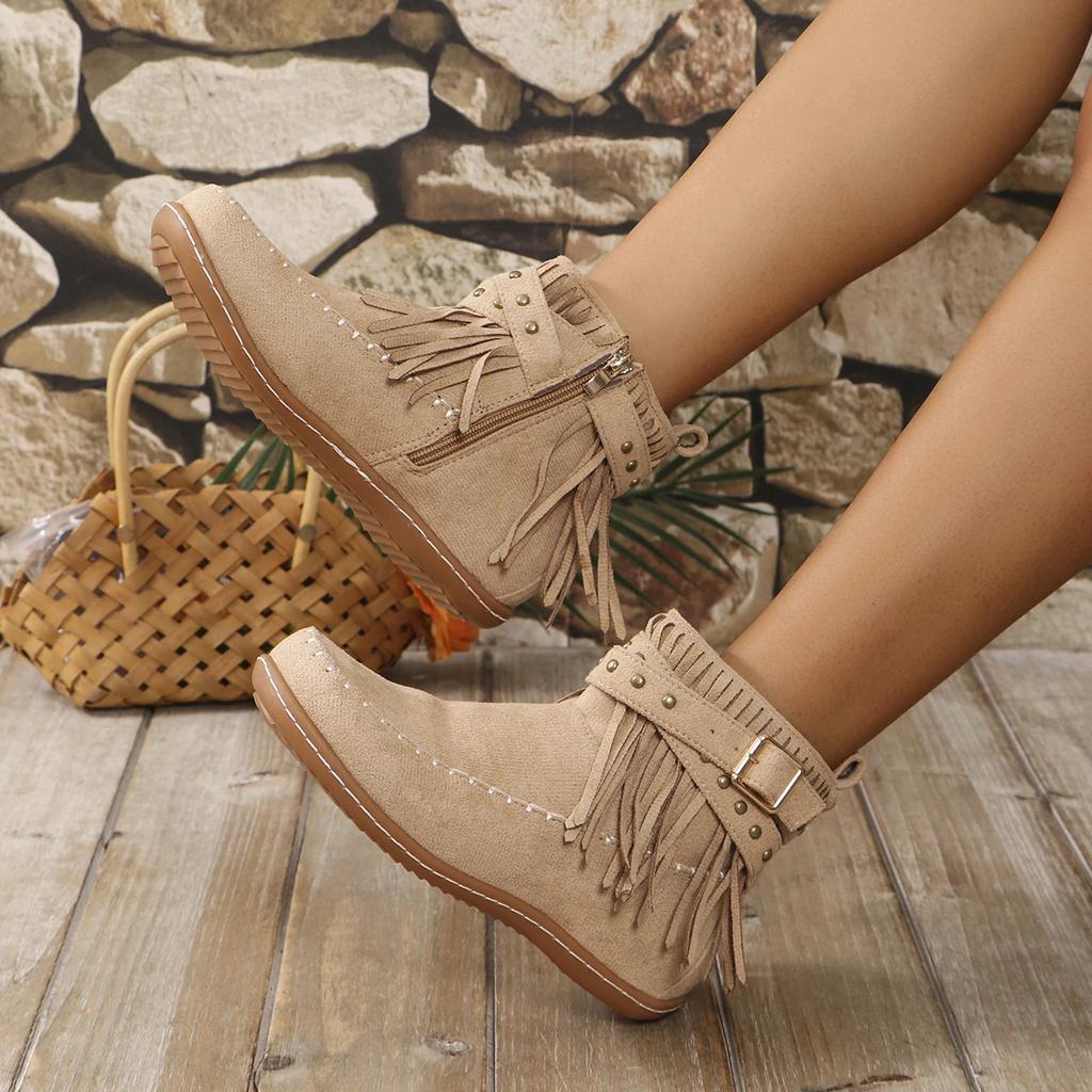 Woman Casual Walking Shoes Fashion Cozy Ankle Boots Designer Fringes Retro Shoes Winter Flat Bottomed Short Boots