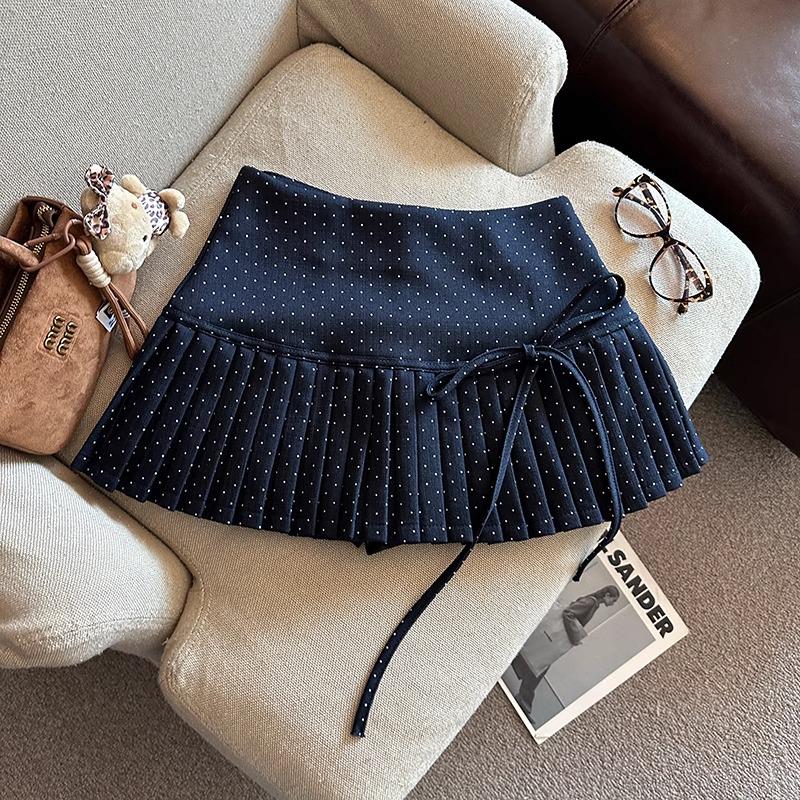 Women's Polka Dot A-Line Pleated Skirt with Bow Tie - Petite Christmas Red