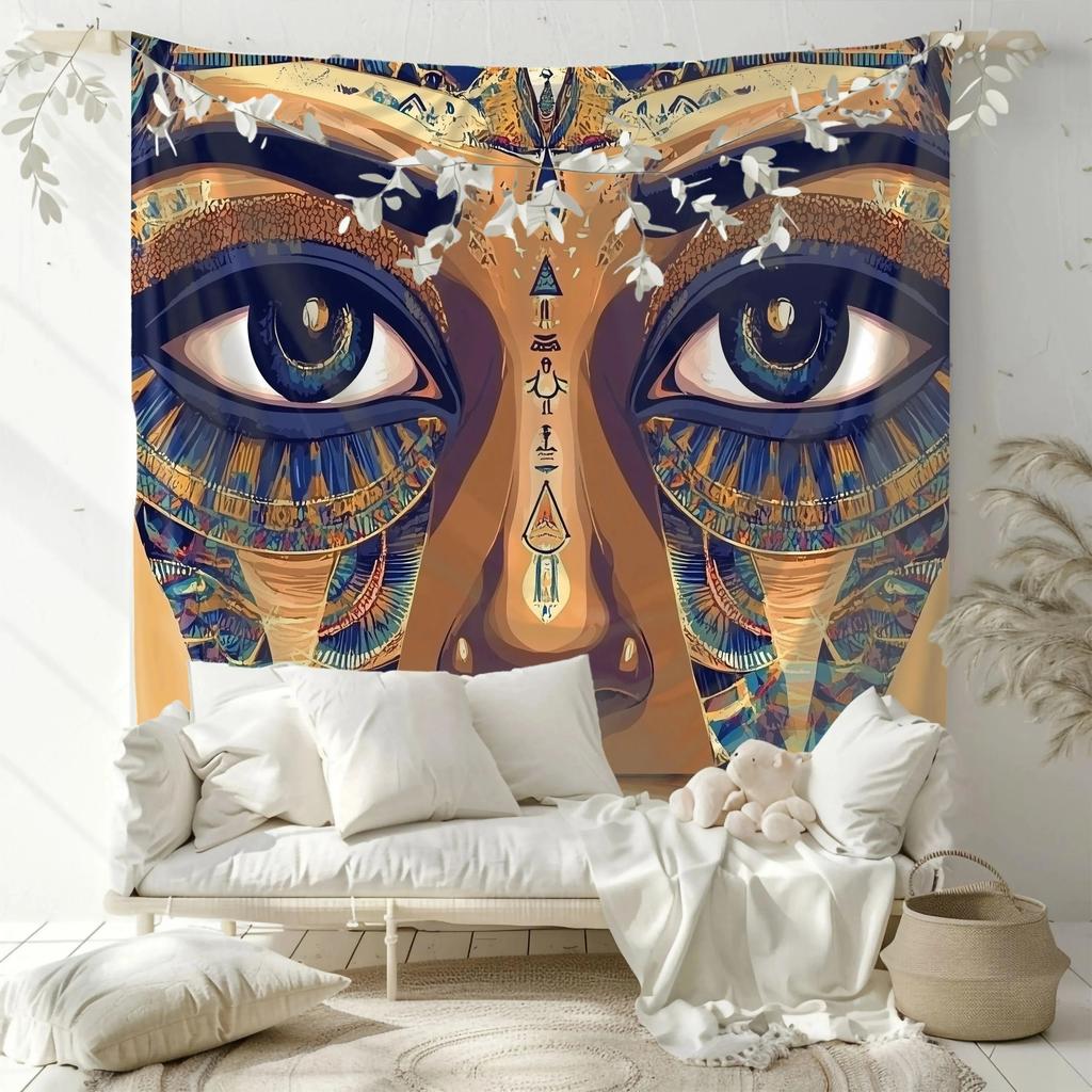 Ancient Egyptian Pharaoh Eyes Tapestry Tribal Face Wall Hanging Peach Skin Fabric Bohemian Art Decor for Bedroom Living Room