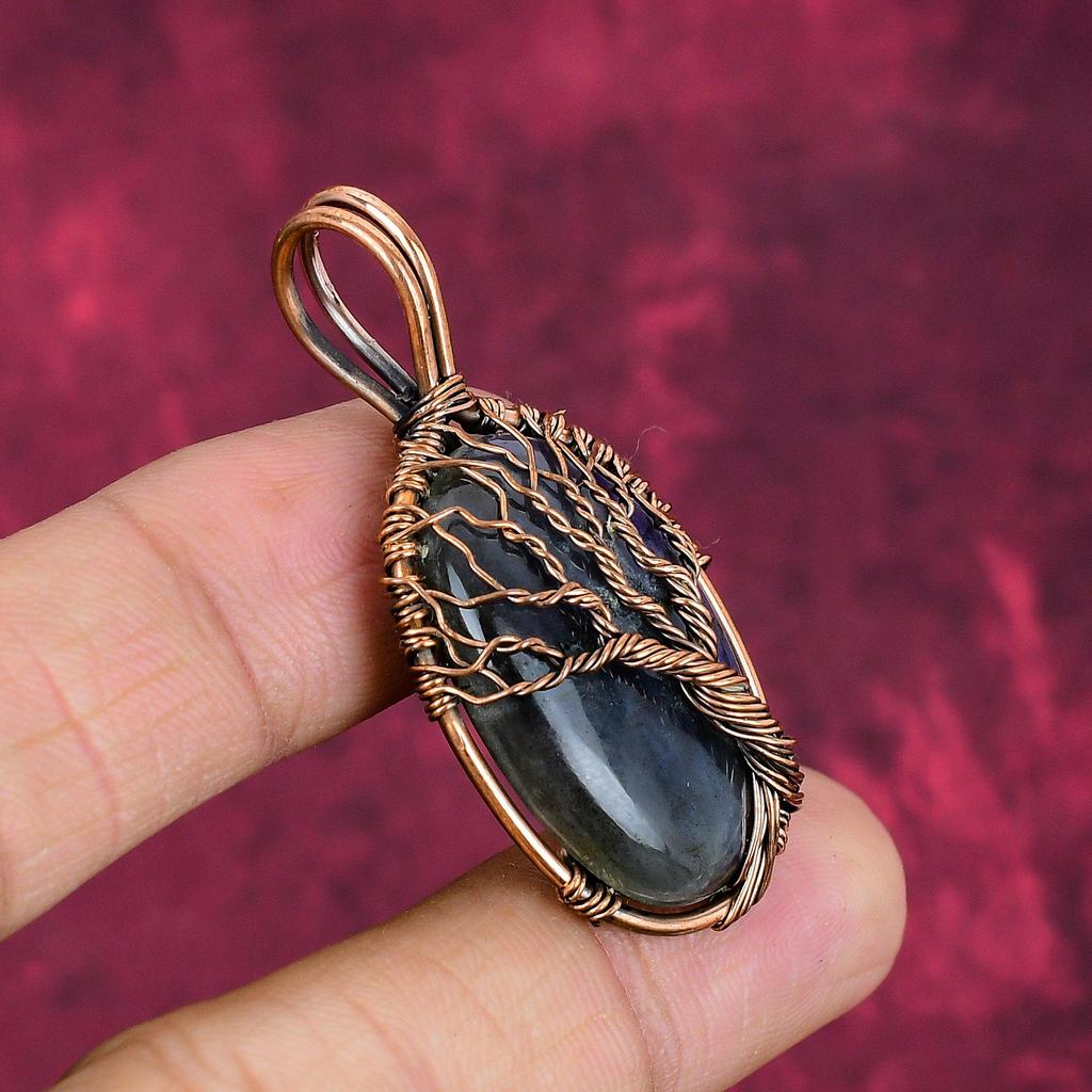 Tree Of Life Labradorite Gemstone Pendant Copper Wire Wrapped Handmade Jewelry