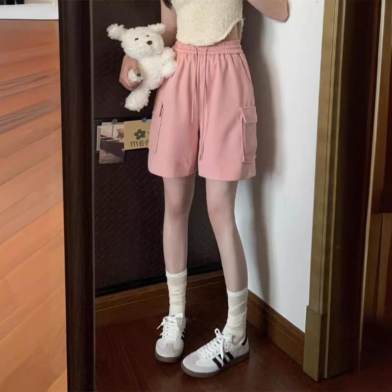 

Розовые спортивные шорты-карго, женские летние, эластичный пояс, дизайн Sense Niche, свободные, прямые, широкие, повседневные брюки L