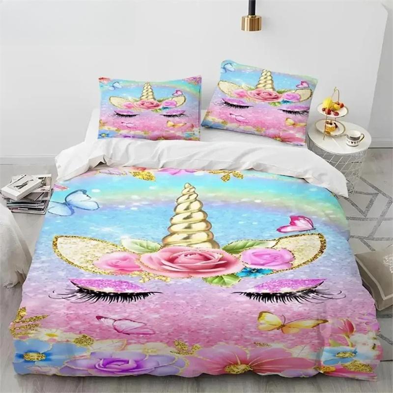 Unicorn Cute Cartoon Comforter Bedding Set,Duvet Cover Bed Set Quilt Cover Pillowcase,Queen Bedding Set For Child Boy Girl Gift