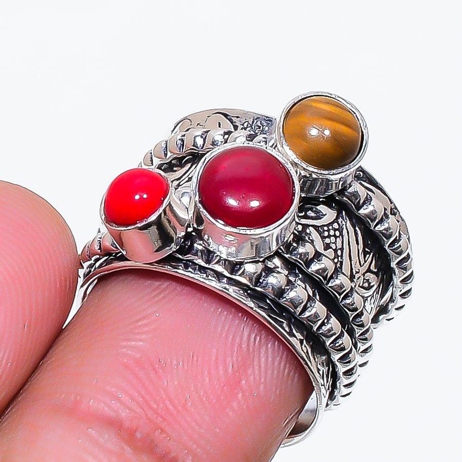 Natural Coral, Tiger Eye Gemstone 925 Sterling Silver Jewelry Ring Size 4.5 AR-18817