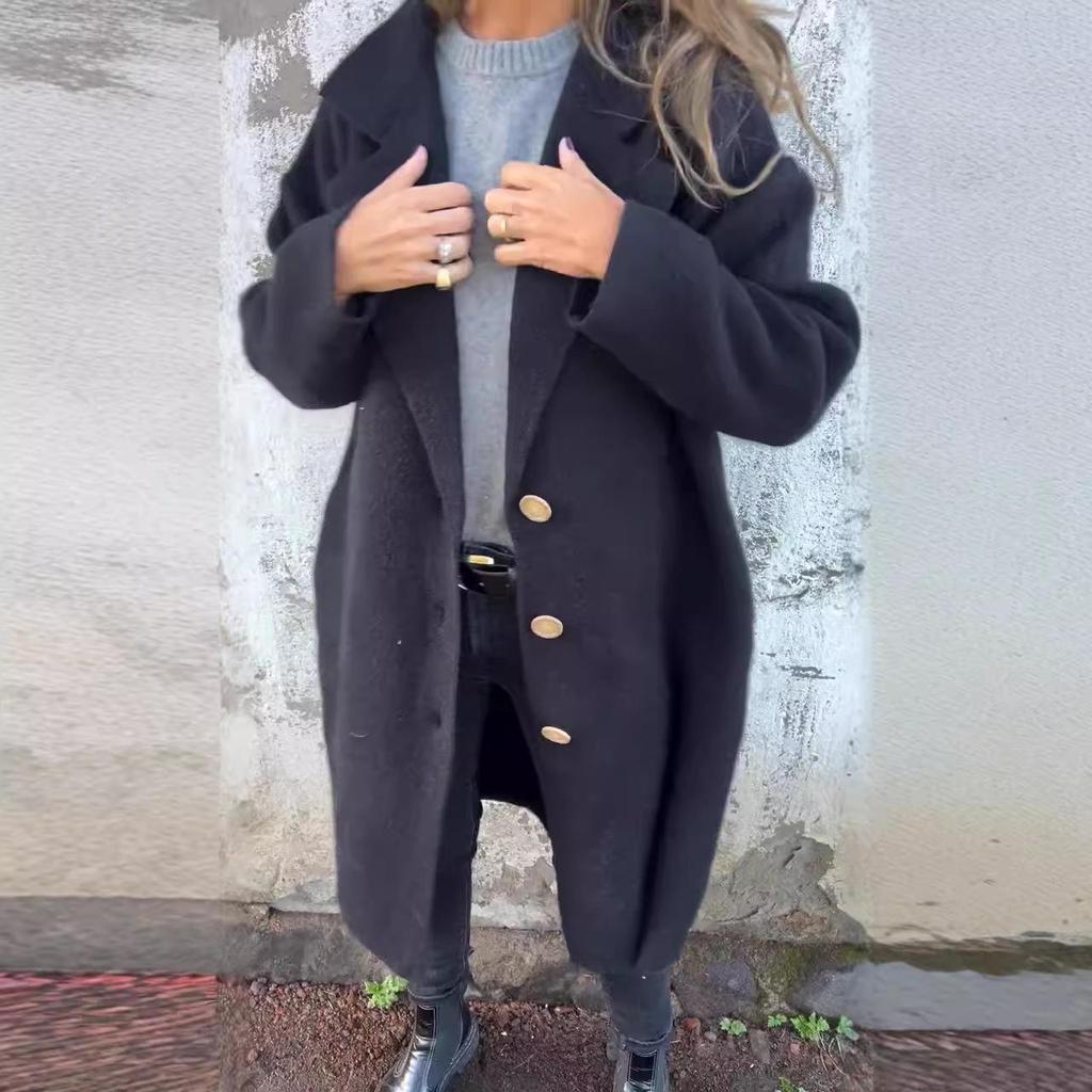 2024 Women's Autumn/Winter Long Sleeve Woolen Overcoat with Turn-Down Collar