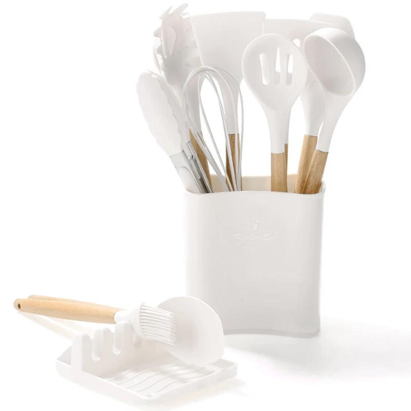 13Pcs Ilicone Kitchen Utensils Spatula Shovel Soup Spoon Cooking Tool with Storage Bucket Non-Stick Wood Handle Kitchen Gadgets