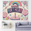 2D Candyland Birthday Backdrop, Pastel Rainbow, Lollipops and Cake Background Cloth