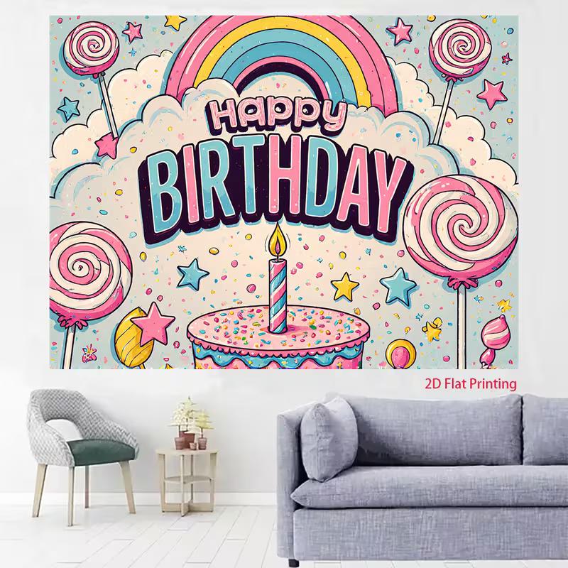 2D Candyland Birthday Backdrop, Pastel Rainbow, Lollipops and Cake Background Cloth