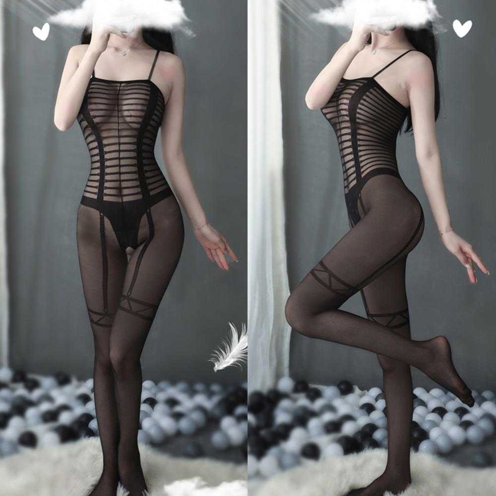 Sexy Lingerie Women's Sexy Lines Open Jumpsuit Uniform Temptation Black Hand Torn Stockings Onesie Silk 8866