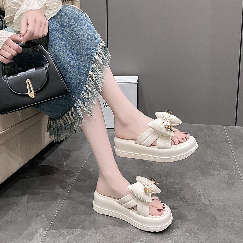 Fashion Women's Slippers Summer New Thick Bottom Round Head Open Toe Bow Sandals Casual Fashion Comfortable Soft Sole Slippers