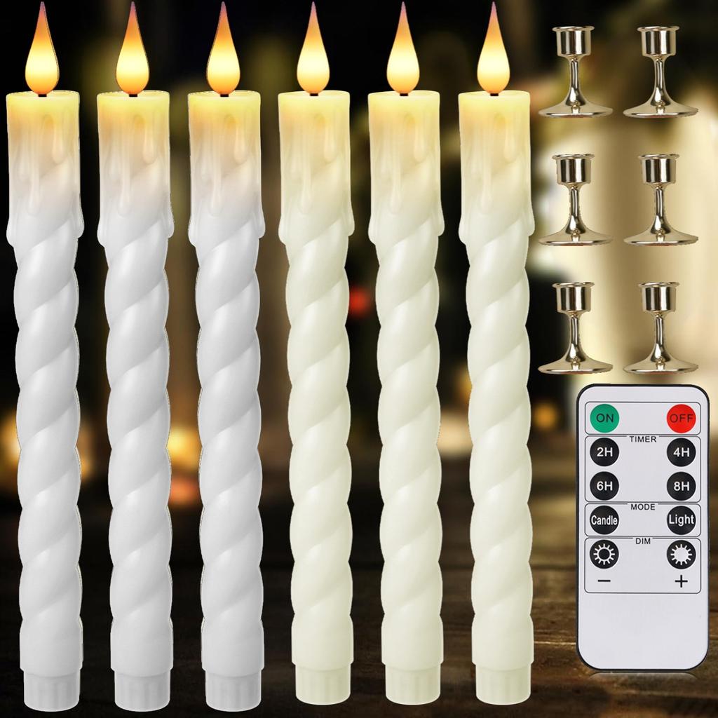 6Pcs White/Ivory Flameless Taper Candle Twisted LED Battery Operated Candlesticks With Holder for Wedding Home Party Table Decor