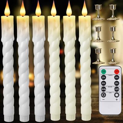 6 Pièces Bougie Cierge Sans Flamme Blanche/Ivoire Torsadée LED Fonctionnant à Piles Chandeliers Avec Support pour Mariage Décor de Table Fête à la Maison