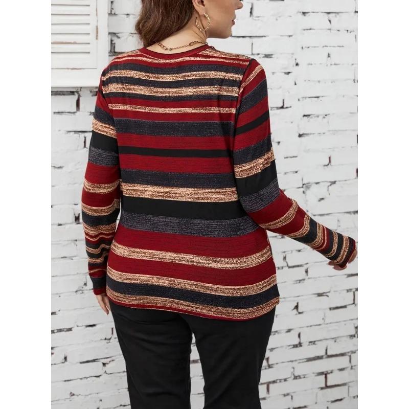 Women S Plus Size Long Sleeve Crew Neck Striped T Shirt Casual Spring Autumn