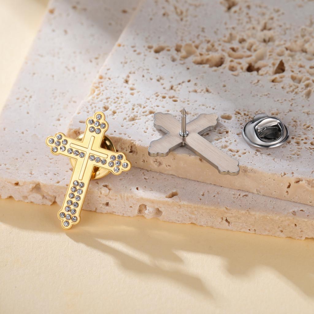 Christian Catholic Cross Lapel Pins Men Women Brooch Clear Zircon Stainless Steel Metal Pins Backpack Badges Religious Jewelry