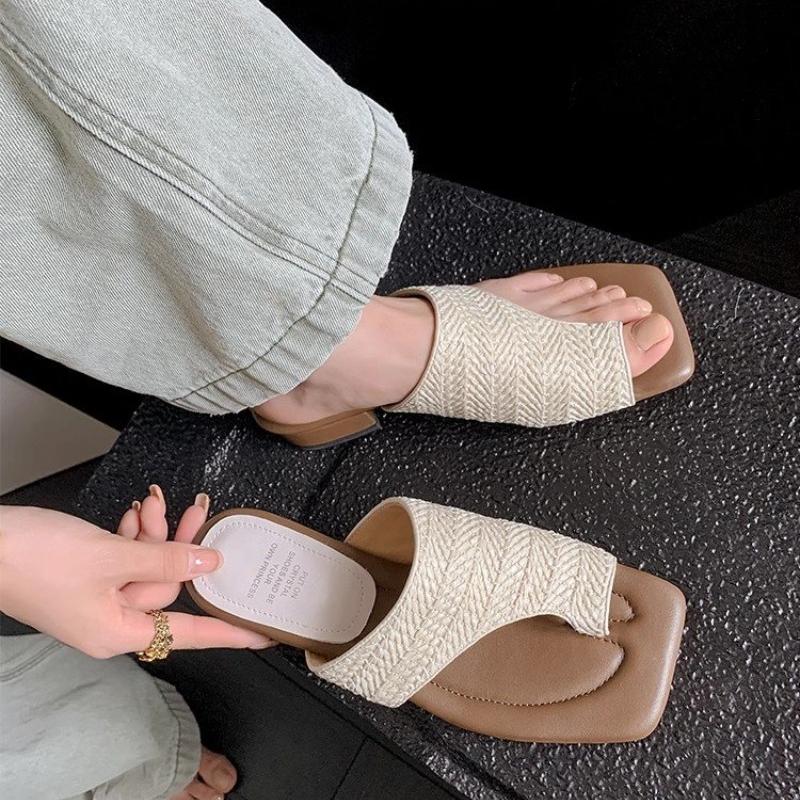 Fashion Fashion Summer Vacation Sandals Soft Woven Toe Flip-Flops Concise Square Toe Thick Heel Slippers Breathable Casual Women's Shoes