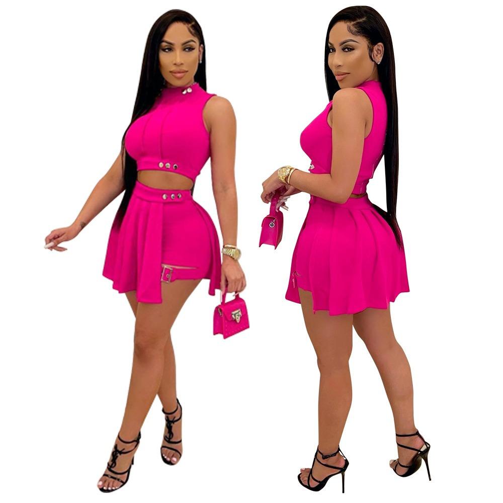 Women's Slim Fit Skirt Set Sleeveless High Neck Crop Top High Waist Button Mini Skort Two Piece Summer Matching Outfit
