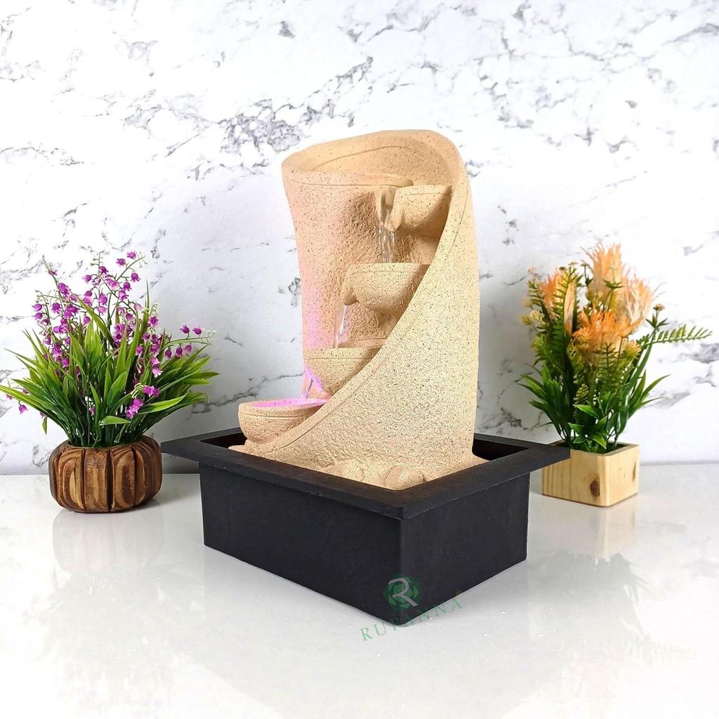 3 Step Curve Diya Table Top Water Fountain with LED RGB Light for Home Decor/Office/Gift/House Warming Gift/Marriage Gift (Biege Stone)