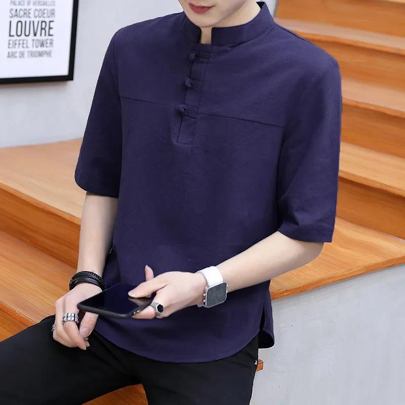 Mens Linen Blend Frog Button Stand Collar Half Sleeve Shirt