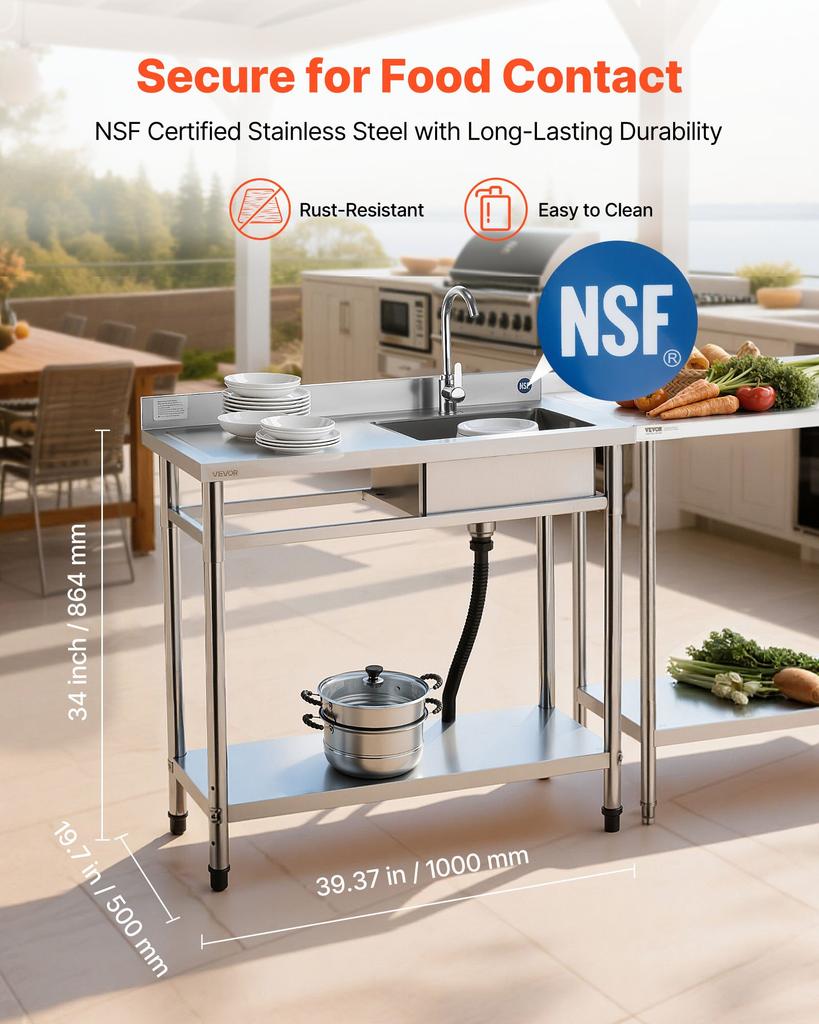 VEVOR Stainless Steel Utility Sink, Free Standing Single Bowl Commercial Kitchen Sink with Faucet, 1000 x 500 x 940 mm