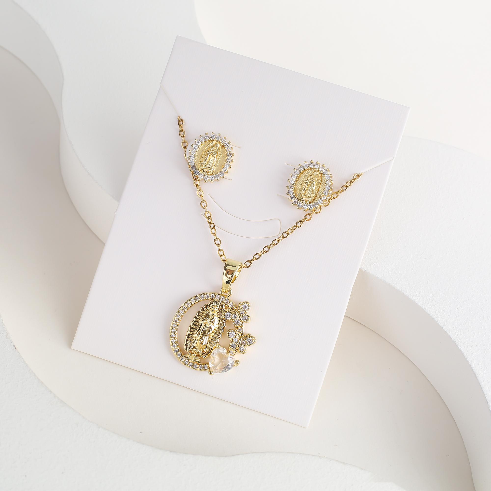 

Classic Anti-Allergic Maria Pendant Necklace Set High Quality Zirconia 18K Gold Plated Stud Earrings Women Girls Religious Gifts