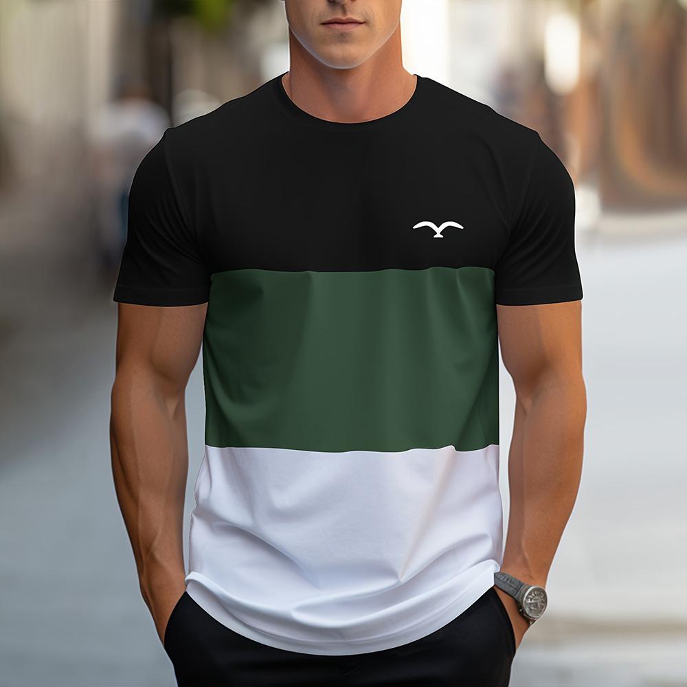 Fashion Splicing Stripes Print T Shirt For Men Comfortable O-neck Short Sleeve Pullover Casual Breathable Loose Tops Street Tees
