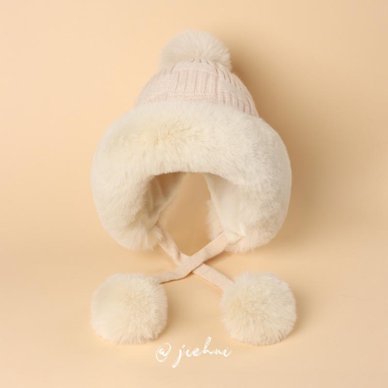24 New Winter Thickened Cold-proof Warm Hat Women's Cute Hairball Knitted Wool Ear Protection Hat Northeast Lei Feng Hat