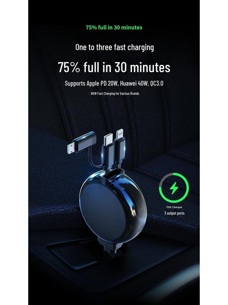 Three-in-One Retractable USB Charger: Fast Type-C Charging Cable for Apple, Huawei, and More