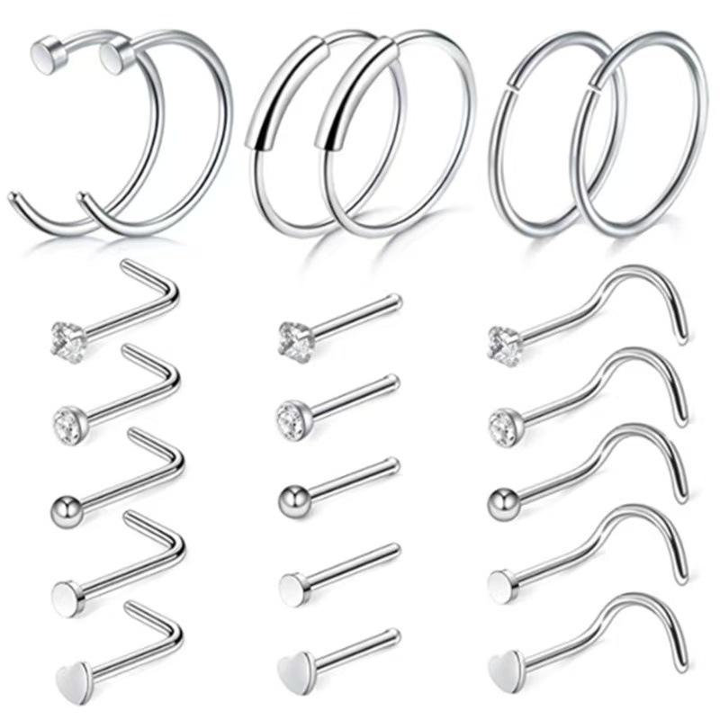 21-Piece Stainless Steel Nose & Lip Piercing Jewelry Set