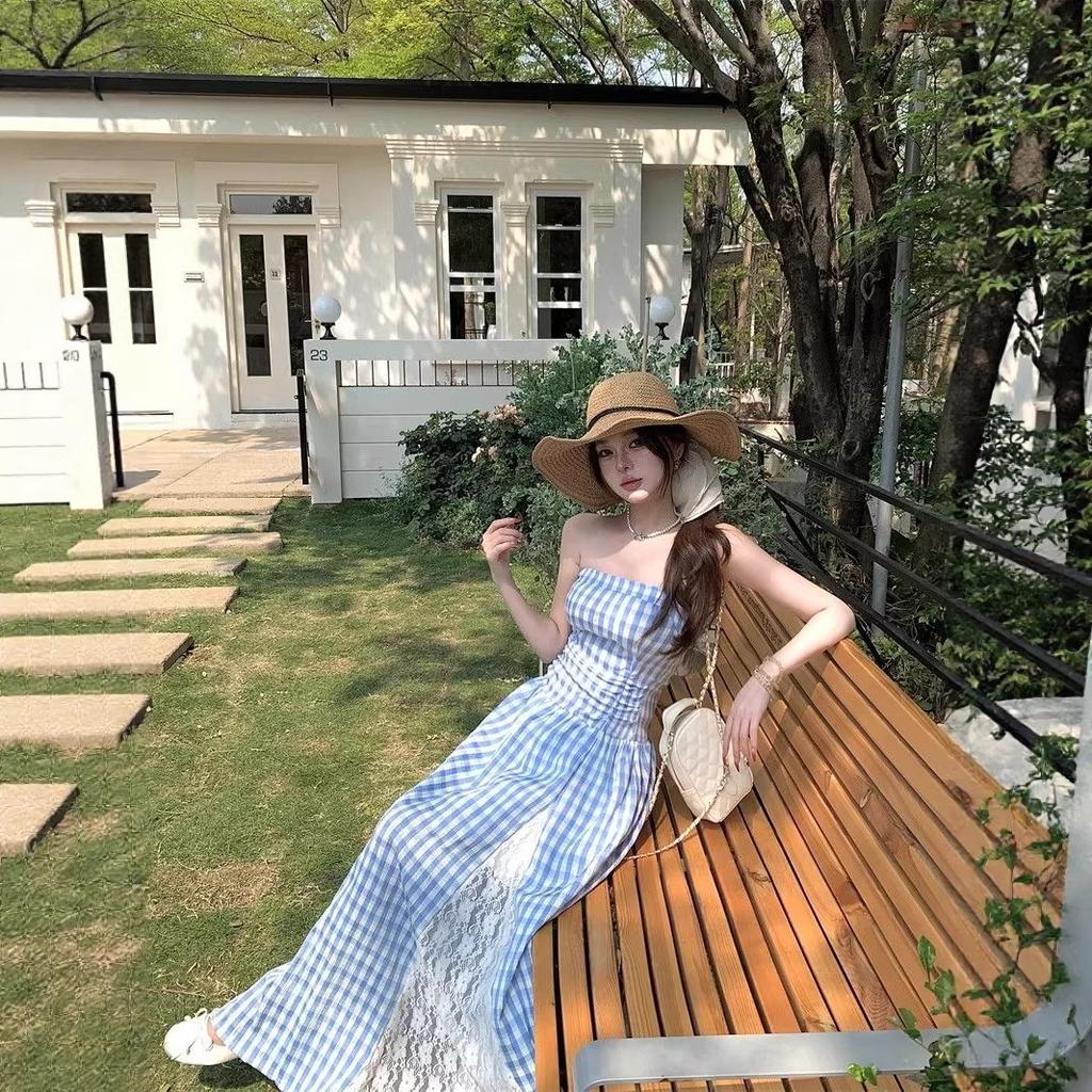Holiday Style Plaid Splicing Lace Tube Top Dress Women's Spring and Summer New Retro French Waist Dress
