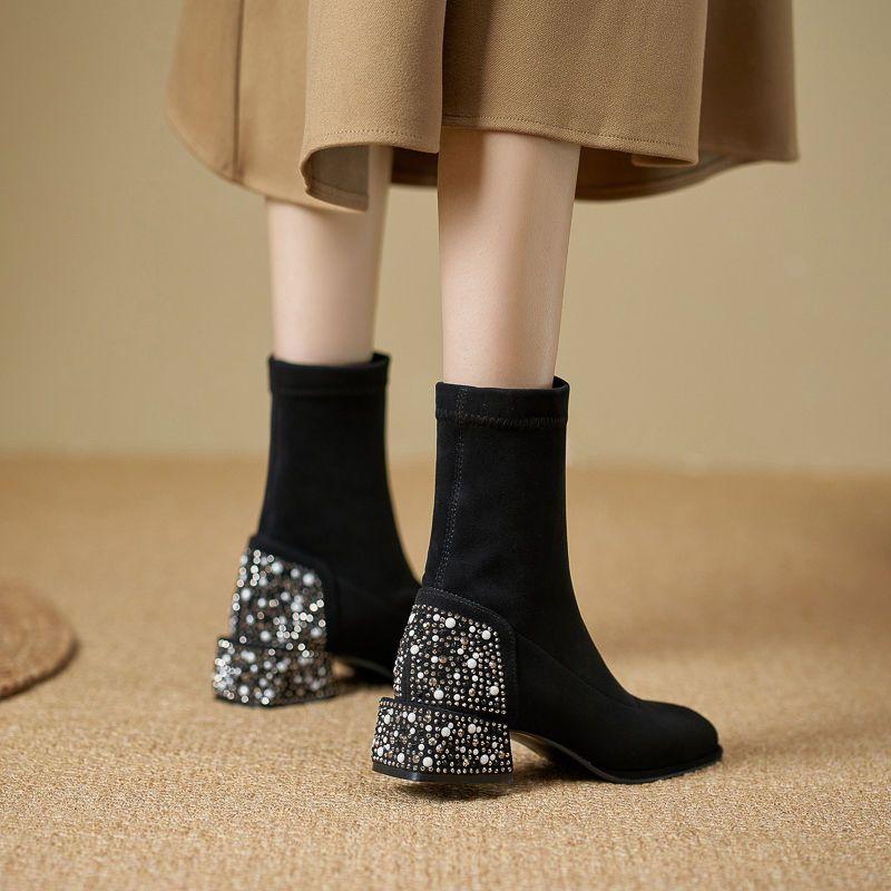 Fashion Soft Pearl Booties Lightweight Chunky Heel Woman Short Shoes Solid Color Large Size Warm On Offer New Rock Ankle Boots for Women