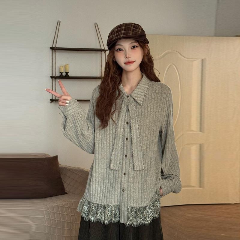 Women s Plus Size Lace Long Sleeve Shirt - Stylish Slimming Autumn/Winter Top M [Suggested 90~100 jin]
