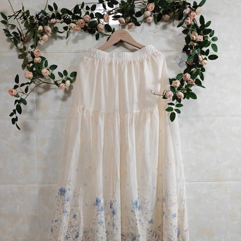 Spring Summer Women Maxi Long Skirt High Waist Delicate Floral Embroidery Classical Skirt Vintage Elegant Hollow Out Apricot A-Line Skirt