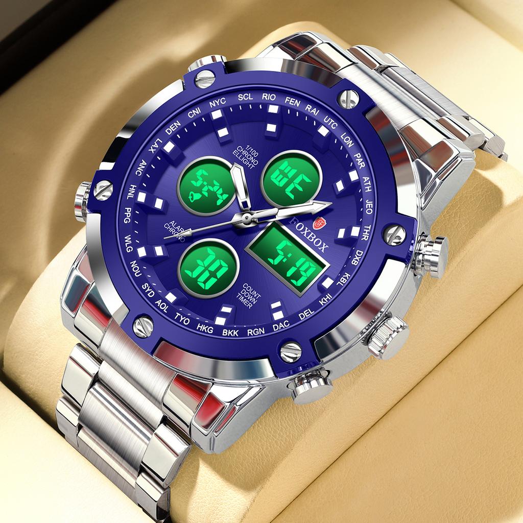 FOXBOX Digital Mens Watches Full Steel Strap Quartz Wristwatch 3 Time Back Light Display Countdown Clock Relogio Masculino