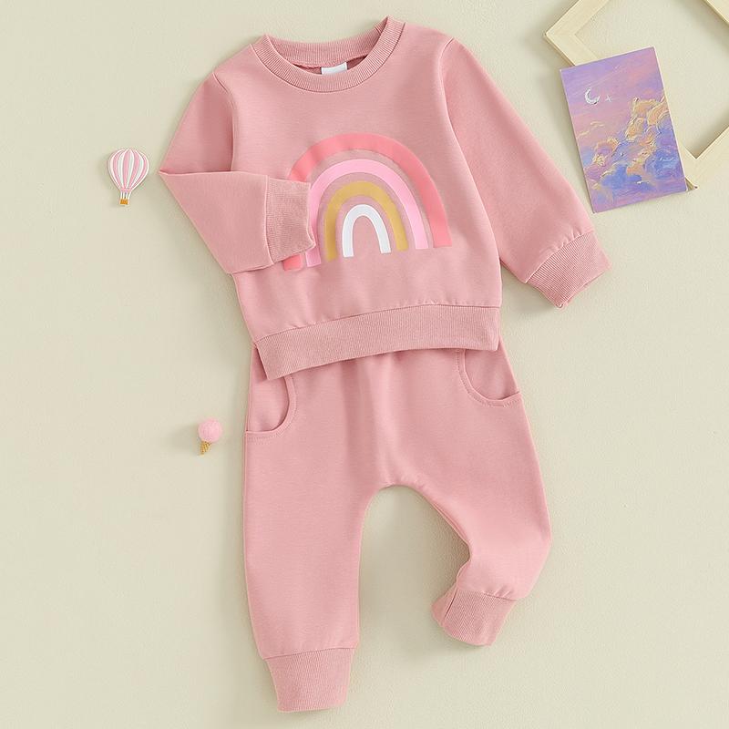 2PCS Baby Girls Fall Outfits Long Sleeve Rainbow Print Sweatshirt + Pants Set Toddler Clothes