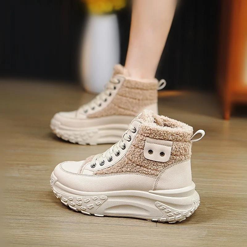 Women Snow Boots Winter High Top Plush Warm Cotton Shoes Thick Sole Height Increasing Anti Slip Outdoor Lace Up Ankle Boots