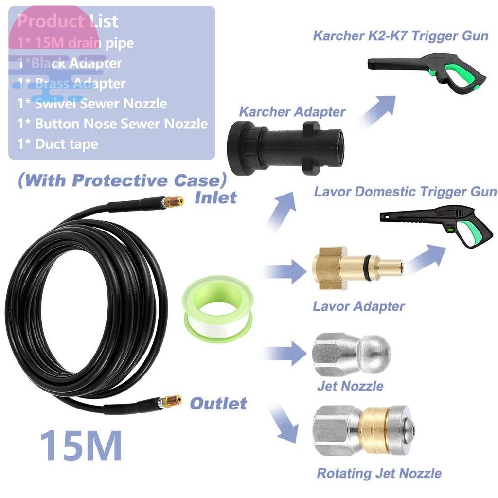 Kit Tuyau de Nettoyage de Drain pour Nettoyeur Haute Pression 50FT 1/4" Kit d'Embouts Hydrocureurs pour Égouts Nez Bouton et Embout Rotatif pour Hydrocurage d'Égouts