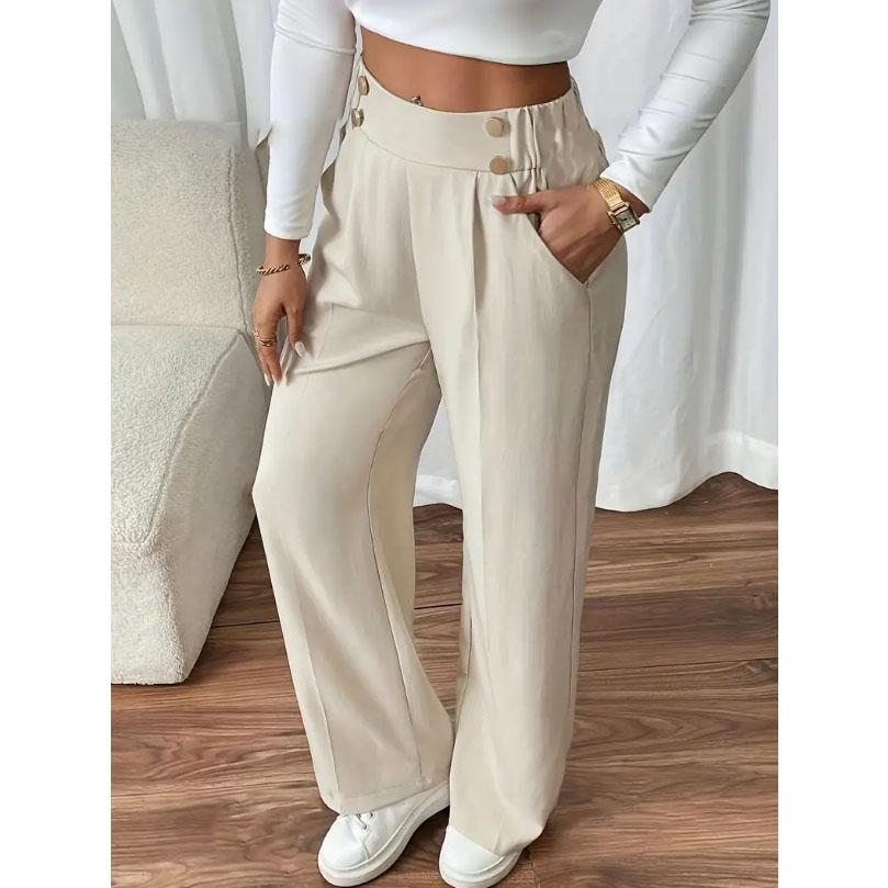 Women's High Waist Wide Leg Pants - Flowy Floor-Length Trousers Minimalist Straight Fit Lounge Pants with Elastic Wais