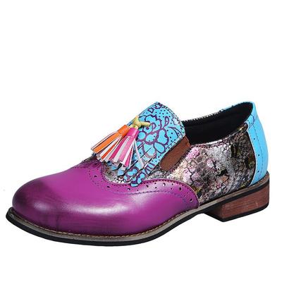 Sapatos de primavera de cores misturadas 2024 Sapatos baixos femininos estampados vintage bico redondo borla cadarço feminino moda retrô calçados femininos