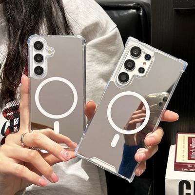 Luxury Makeup Mirror Wireless Charging Magnetic For Magsafe Case For Samsung Galaxy S25 Edge S24 S23 FE Plus Ultra Hard PC Cover