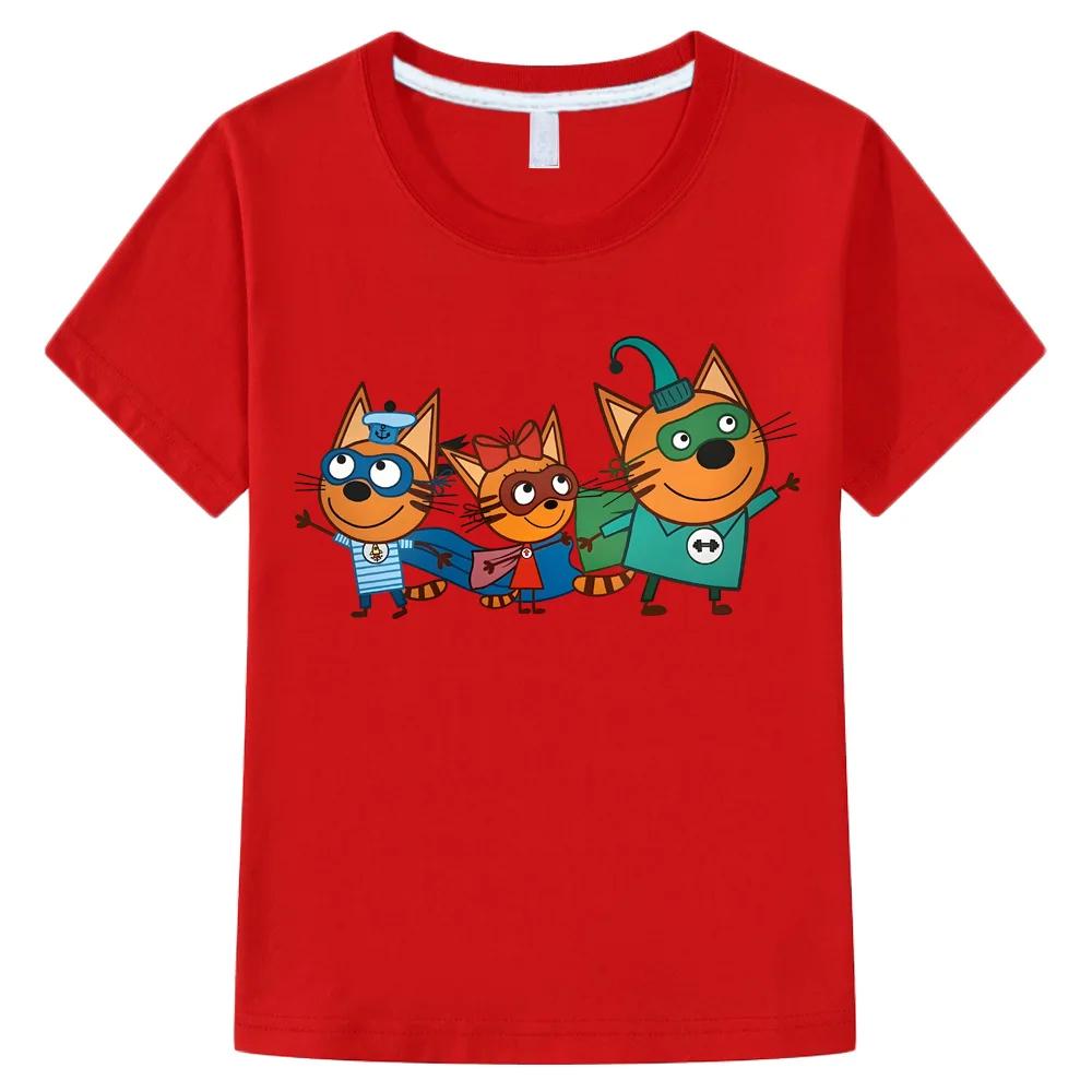 Three Super Hero Cartoon Cats Print Kids Short Sleeve T Shirt Soft Polyester Crew Neck Boys Girls Summer Casual Daily Wear Tee Top