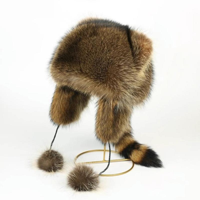 New Women Natural Raccoon Fur Caps Ushanka Hat For Winter Thick Warm Ear Fashion Pompoms Hat Lady Loveliness Real Fox Fur Cap