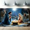 2D Nativity Themed Backdrop for Christmas, Holy Family with Baby Jesus and Farm Animals Photography Background
