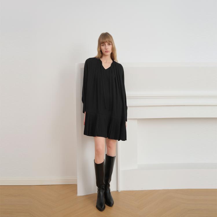 ELLE Solid Color Loose Mid-Length Wool Long Sleeve Dress Women dresses Black L7ALS041
